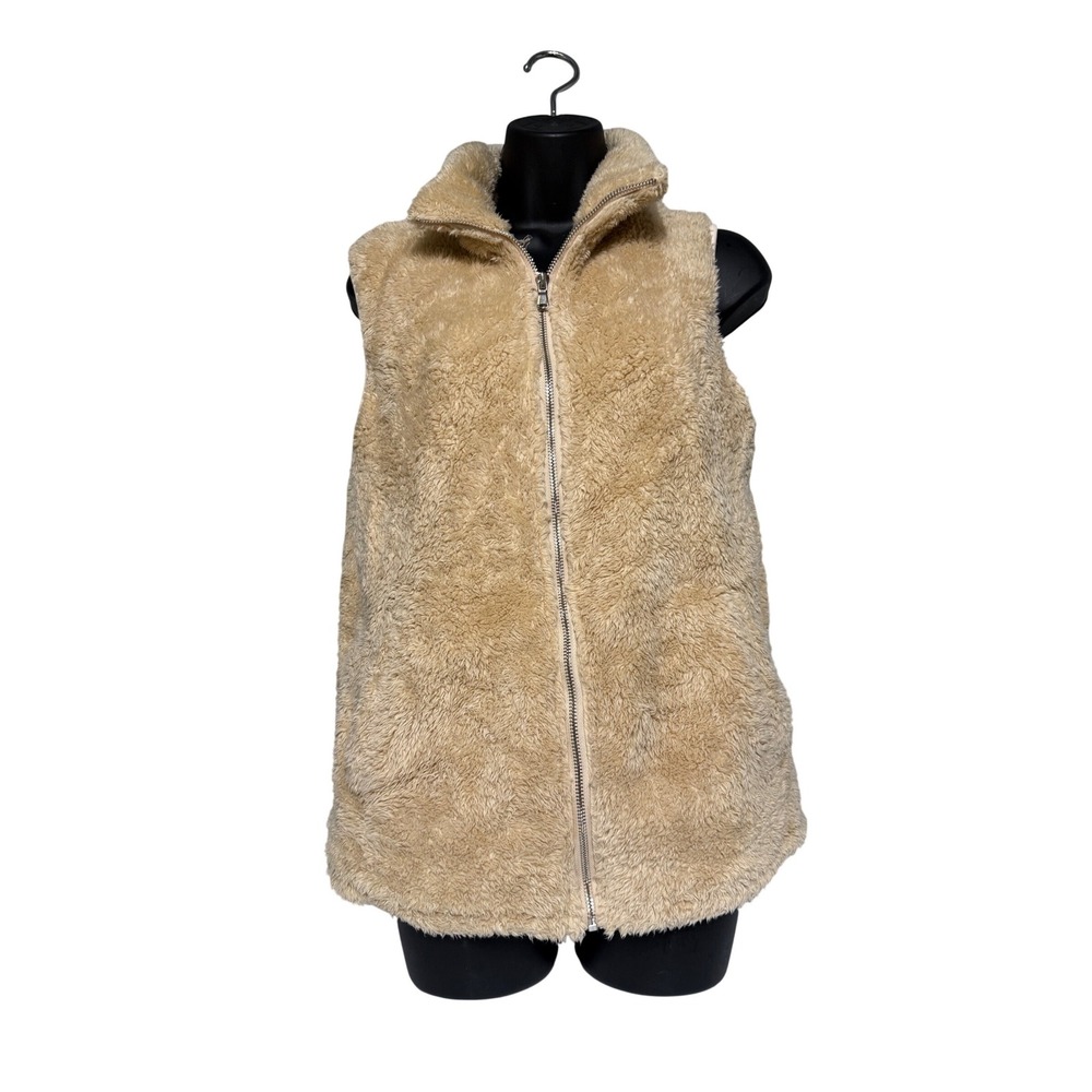 LOMON Women's Tan Fuzzy Fleece Zip Up Vest‎ Stand Collar Size L